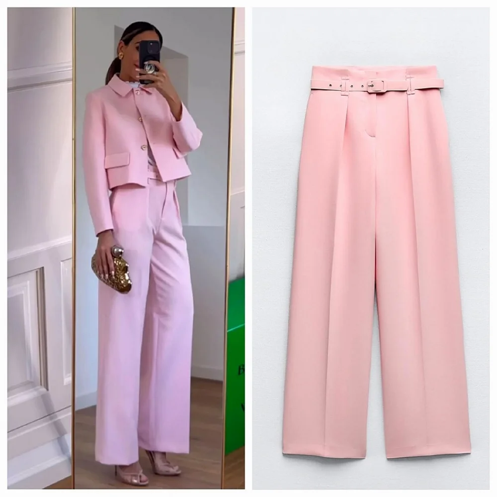 Zara Wide Leg Belted Pants Pink Size S